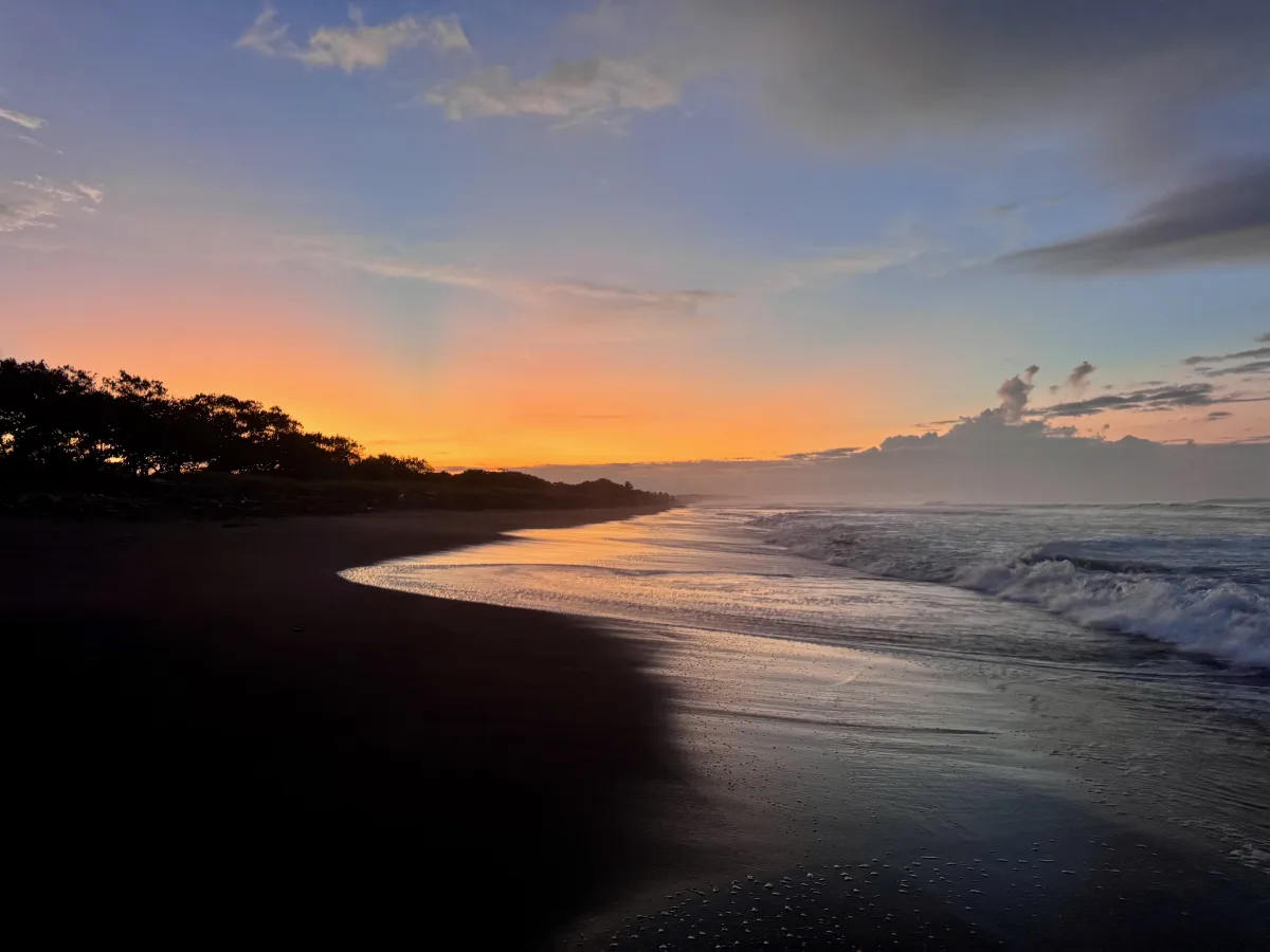 Golden dawn illuminating the curve of the Pacific shoreline