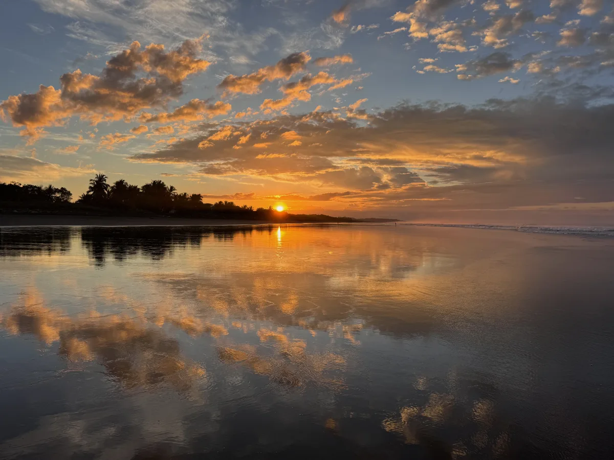Golden New Year's Day sunrise reflected across the wet beach in Playa Hermosa