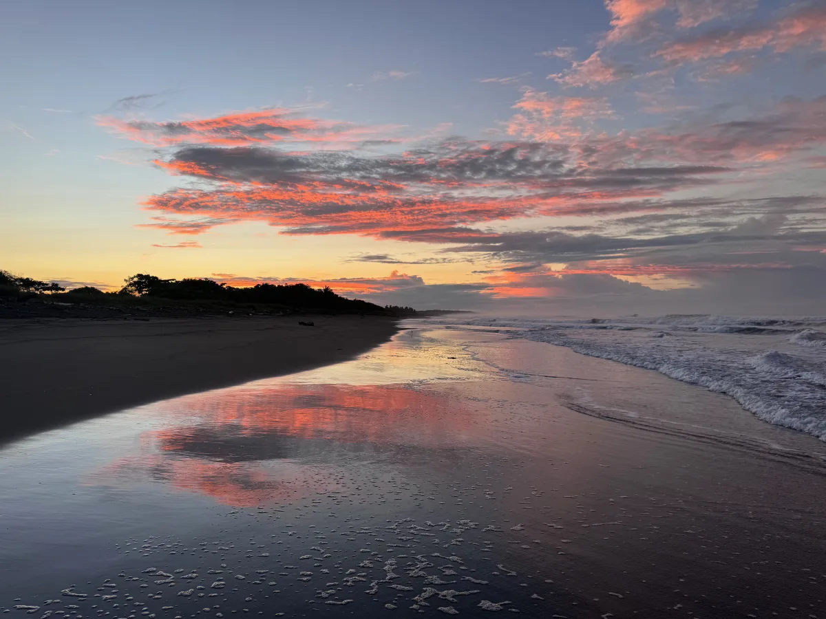 Pink morning clouds reflected in the incoming tide on Playa Hermosa's black sand