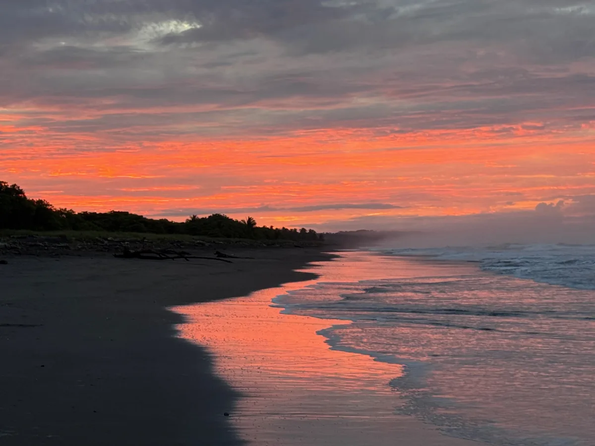 Deep coral sunrise colors stretching across the wet black sand